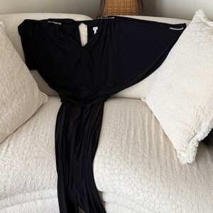 Cache BlackJumpsuit V neck cold shoulder embellished sleeve  shoulder belt